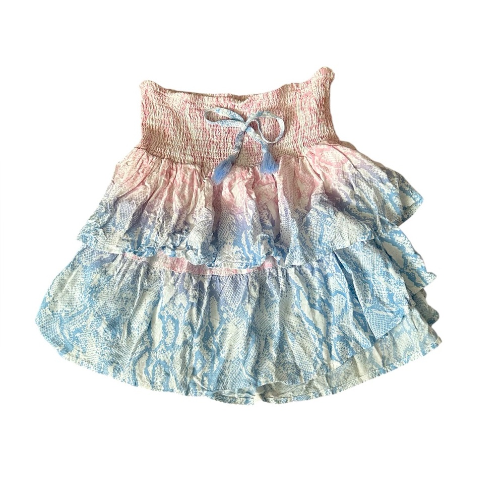 Surf Gypsy Tiered Ruffled Beach blue pink snakeskin smocked coastal mini skirt M - Picture 3 of 11